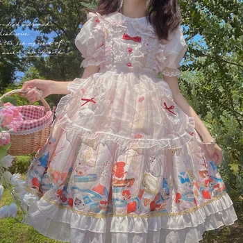 Japonijos Lolita Stiliaus Moteris Baltoji Princesė Suknelė Sailor Apykaklės Lankas Gėlių Tinklelio Suknelė Mielas Kawaii Sluoksniuotos Raukiniai Pasakų Suknelės