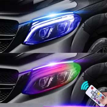 2vnt Automobilio Šviesos važiavimui Dieną Teka DRL Daugiaspalvis RGB Vandeniui Lankstus priekinis žibintas Posūkio Geltonas Signalas, LED Juostos Lempos 12V