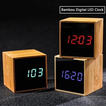 Bambuko Žadintuvo Garso Valdymo Aikštėje LED Laikrodžiai Darbalaukio Medienos Žadintuvo Atidėjimo Funkcija su Data Temperatūros Namų Dekoro