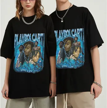 Hip-Hop Rap Singer Playboi Carti Vintage Marškinėliai Vyrams Moterys Mados Grafinis T-Shirt Streetweart Šukuotinės Medvilnės Negabaritinių Marškinėliai