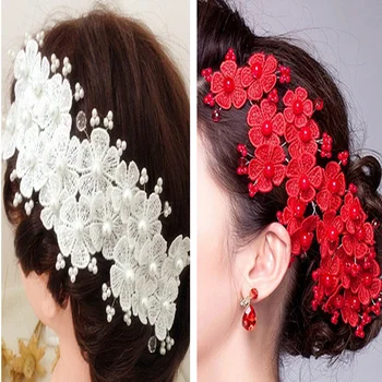 Raudona Balta Vestuvių Plaukų Papuošalai Moterims, Rankų Darbo Nėrinių Gėlių Pearl Kaspinai Nuotakos Hairwear Priedai