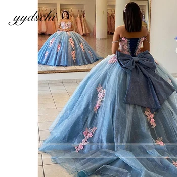 Blue Princess Nuo Peties Appliques Blizgučiai Quinceanera Suknelės Vestidos De 15 Años Gimtadienio Suknelė 2022 Mergina Vestidos
