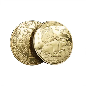 Simbolis Jautis Zodiako Auksą, Padengtą Monetos Atminimo Suvenyrų Medalis Tradicinės Kinų Monetos, Dievas Sėkmės