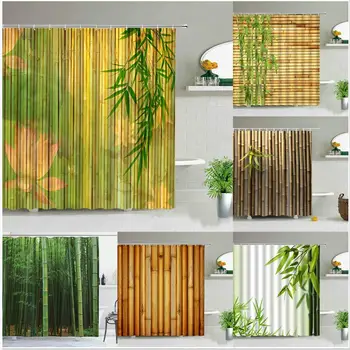 Geltona Žalia Bambuko Lotus Dušo Užuolaidos Vonios Užuolaidos Augalų, Gėlių Gamtos Peizažai Audinio Fone, Sienų Dekoras Ekrano Kablys