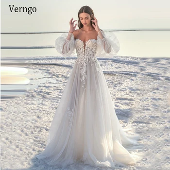 Verngo Linija Šilko Tiulio Vestuvių Suknelė Ilgio Sluoksniuotos Rankovėmis Gėlių Aplikacijos 2020 Nuotakos Suknelė Paplūdimio Off Peties Seksualus Vestuvių Suknelės