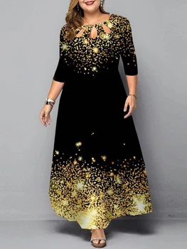 Plius Dydis Suknelė 2023 Moterų Elegantiškas Kalėdų Gėlių Spausdinti Aukso Vakaro Šalis Suknelė Žiemą, O-Kaklo Tuščiaviduriai Atsitiktinis Maxi Suknelės 5XL