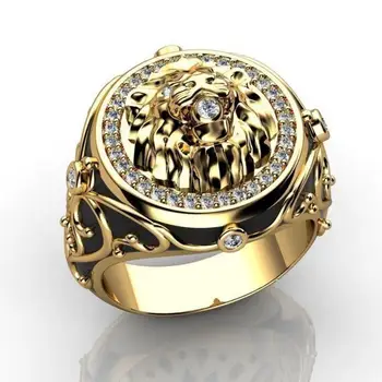 HOYON 18K Yellow Gold Spalvos, Pilna deimantų cirkonis liūtas žiedas vyrams vestuvių punk stiliaus sužadėtuvių žiedas, skirtas moterų ir vyrų papuošalai