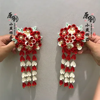Japonų stiliaus senovinių rankų darbo audinys Gėlių raudonas kutas Plaukų segtukas, plaukų šukų priedai Japonijos drabužius firkete /Horquilla