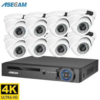4K Ultra HD 8MP Saugumo kamerų Sistema h.265 POE NVR Rinkinys, CCTV Lauko Metalo, Baltos spalvos Kupolas ip Vaizdo Stebėjimo Kamera Rinkinys