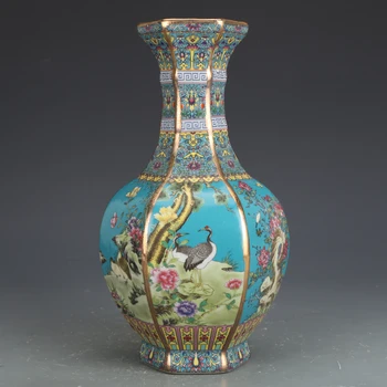 Emalio porceliano vaza Jingdezhen keramikos Šešiakampe Gėlių ir paukščių modelio vaza papuošalų kolekcija antikvariniai vaza autentiški Stabdžių